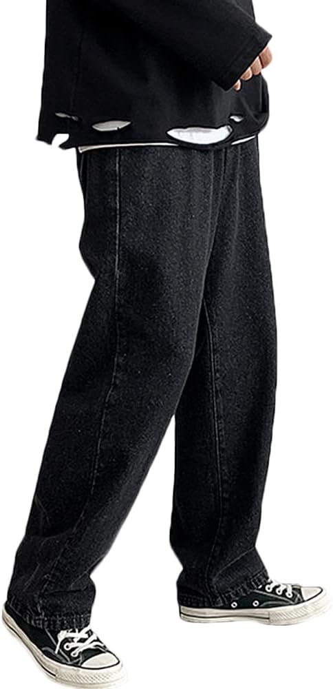 Men's Baggy Straight Leg Loose Fit Plain Denim Pants