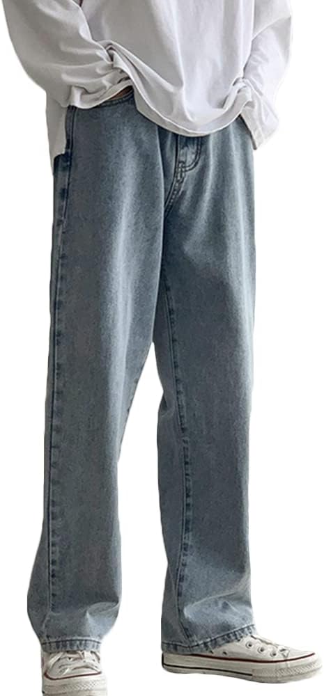 Men's Loose Fit Straight Leg Baggy Plain Denim Trousers