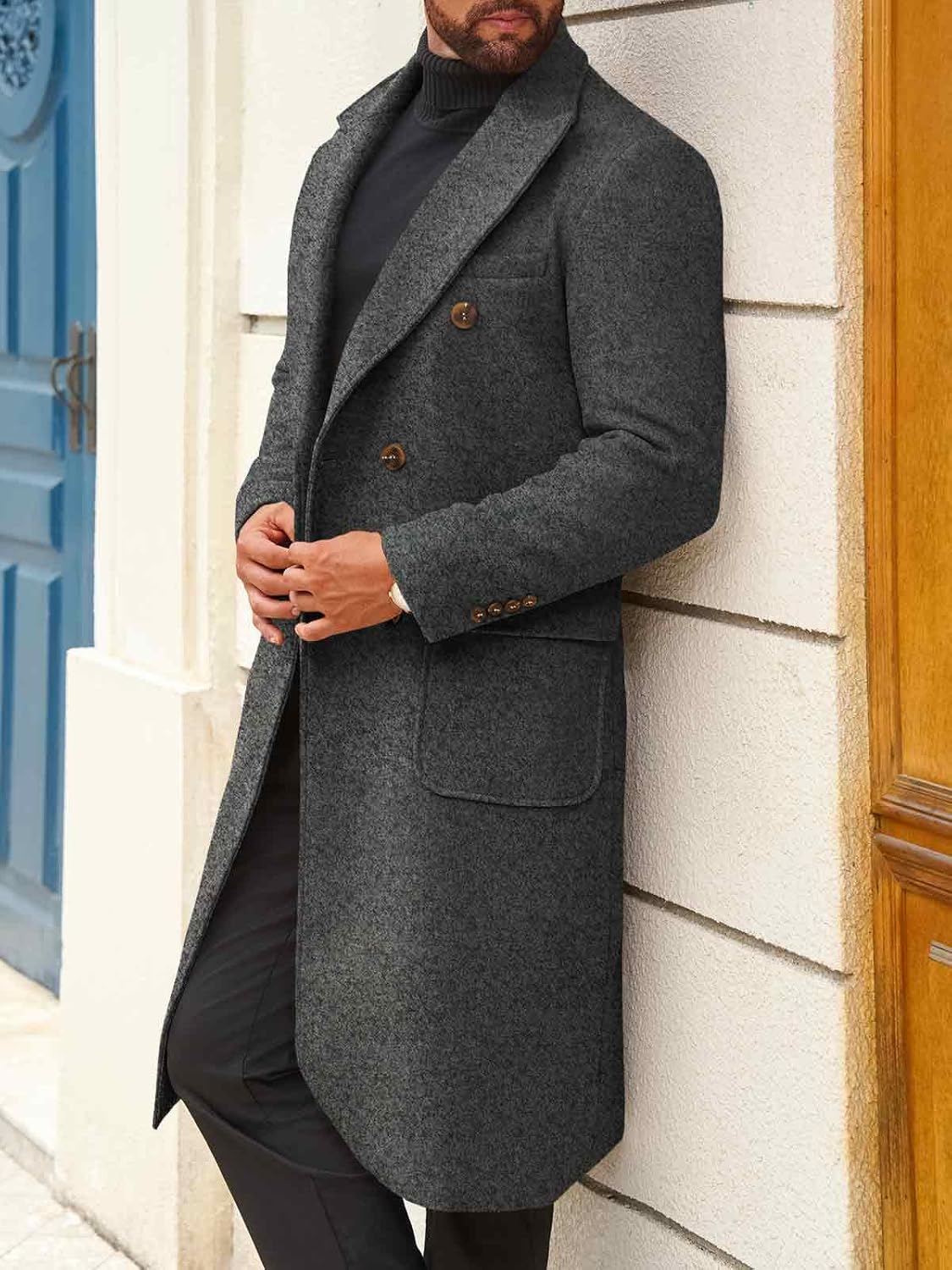 Men's Double Breasted Casual Wool Blend Long Trench Coat - Image 2