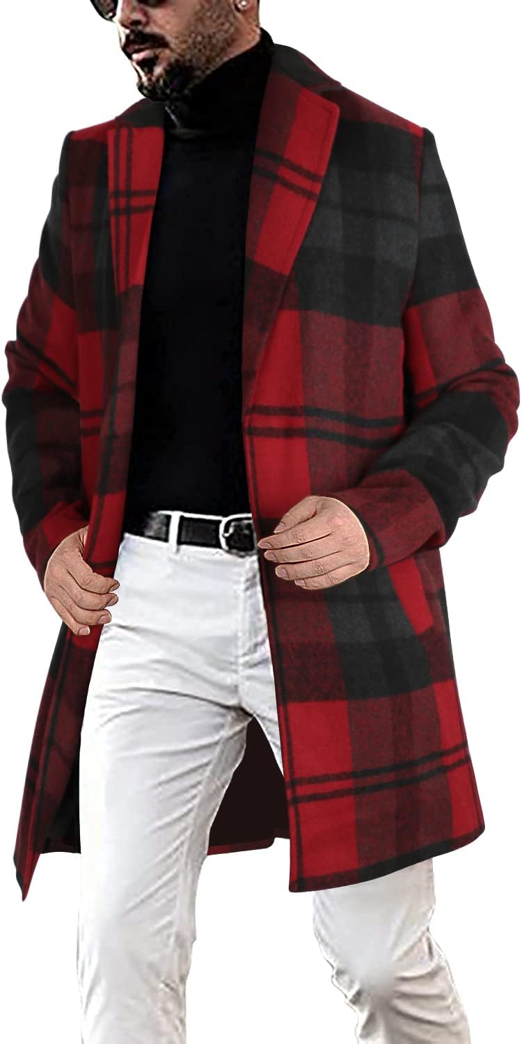 Men's Plaid Single Breasted Wool Blend Formal Trench Coat