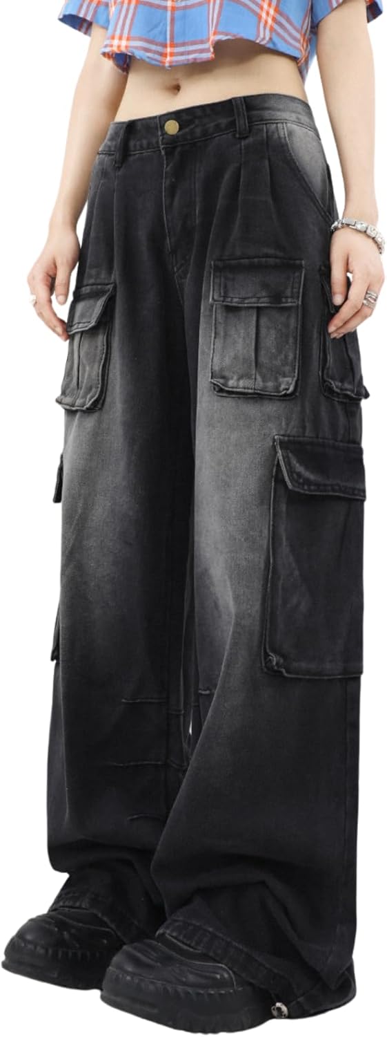 Unisex Baggy Wide Leg Cargo Jeans with Pockets Black - Image 2
