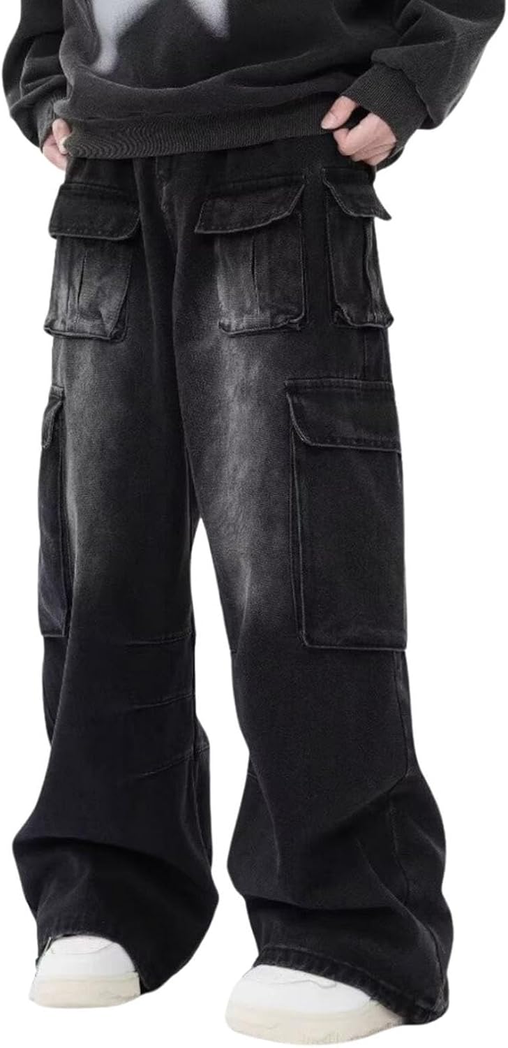 Unisex Baggy Wide Leg Cargo Jeans with Pockets Black