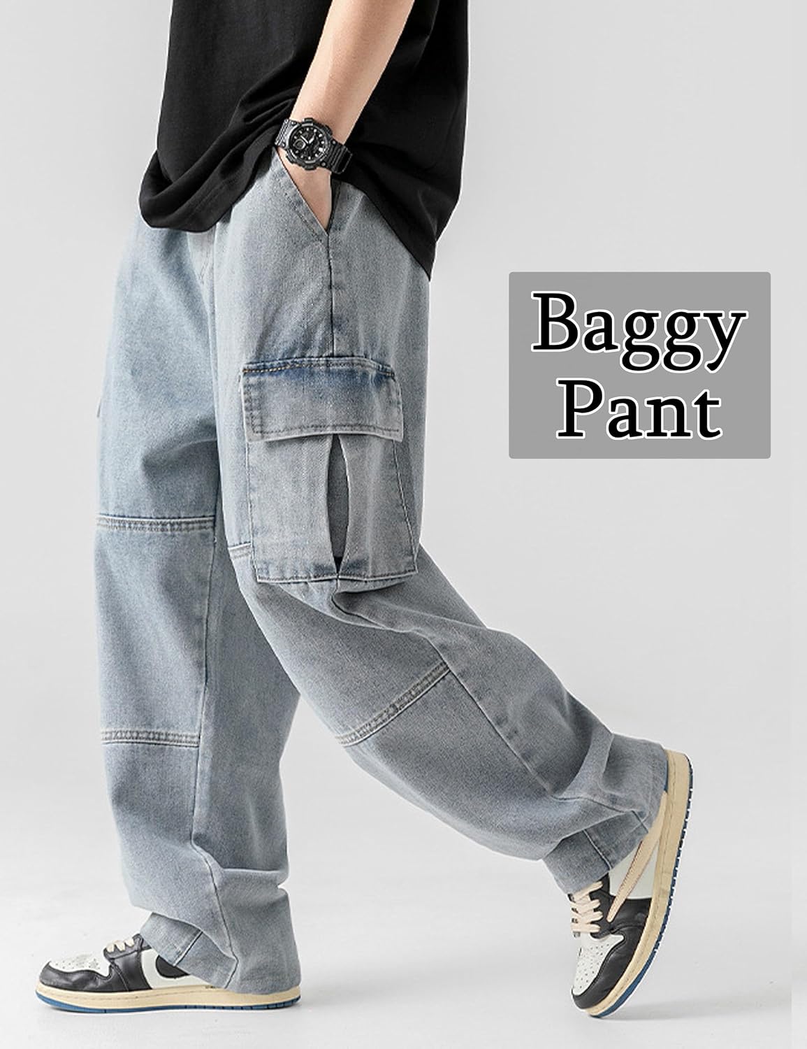 Men's Gothic Punk Wide Leg Baggy Denim Cargo Pants - Image 2