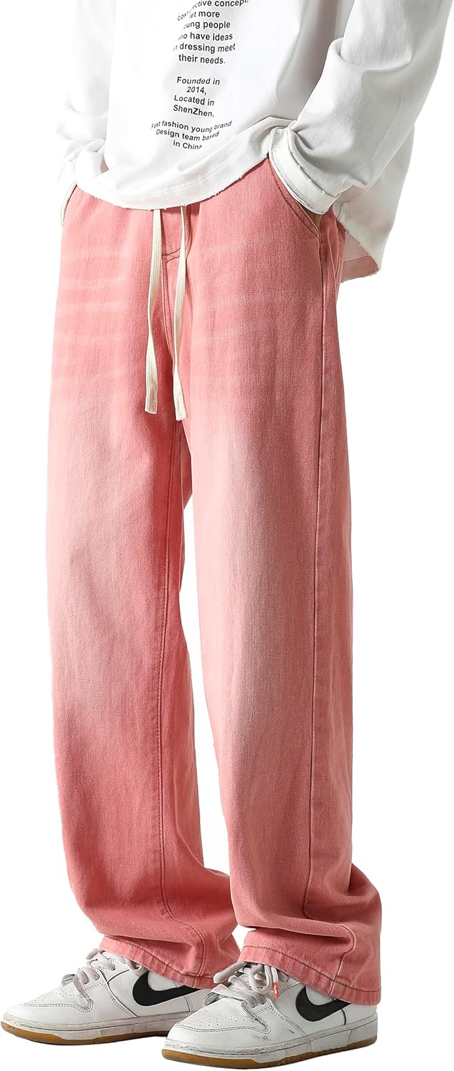 Men's Elastic Waist Drawstring Baggy Wide Leg Jeans